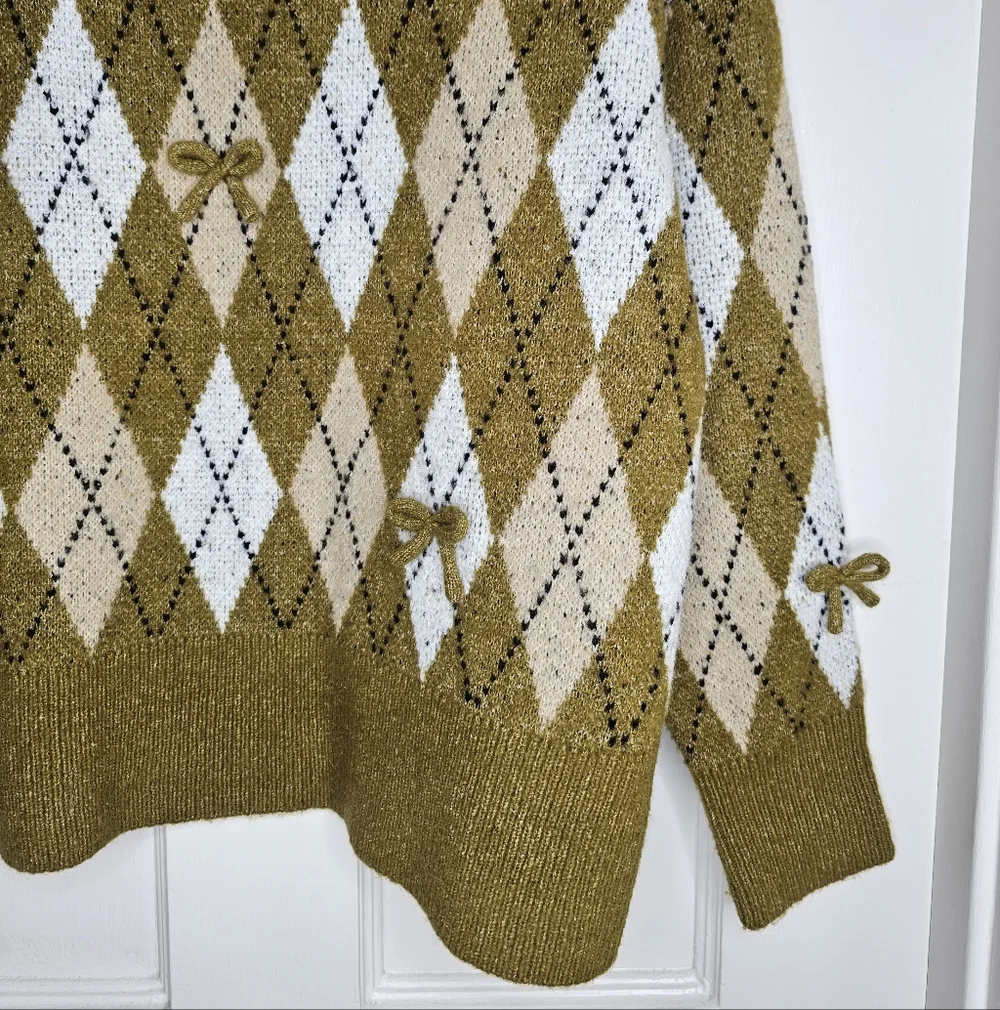 Anthropologie Maeve 3D Bow Argyle Crew-Neck Jumper - Picture 3 of 9